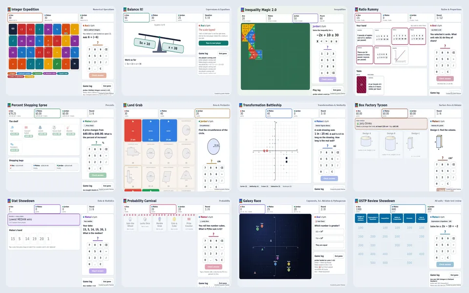 Screenshots of all 12 Fletcher Math games