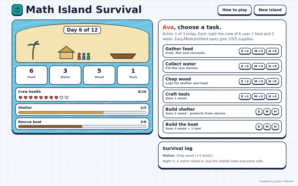 Screenshot of Math Island Survival in the middle of a game