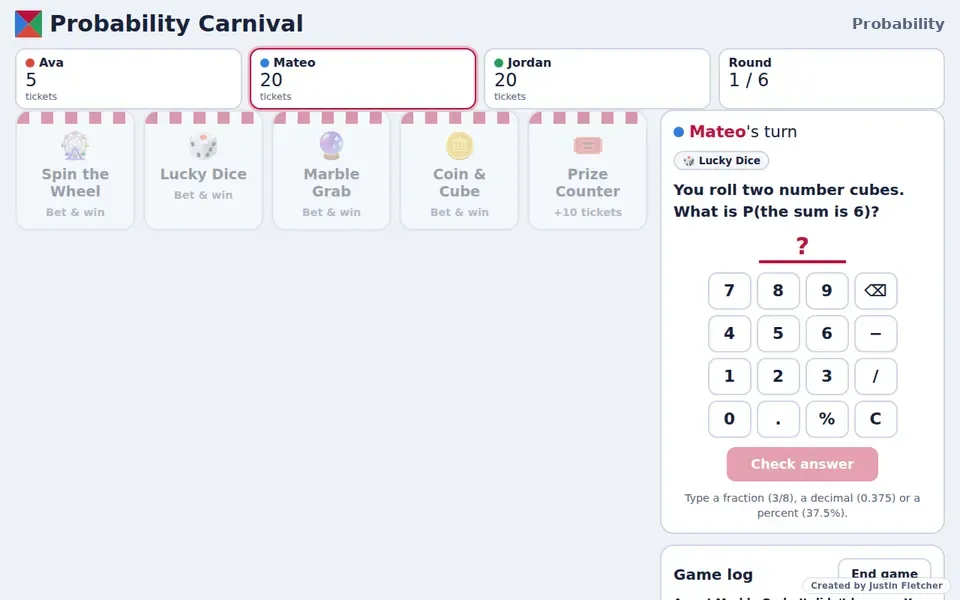 Screenshot of Probability Carnival in the middle of a game
