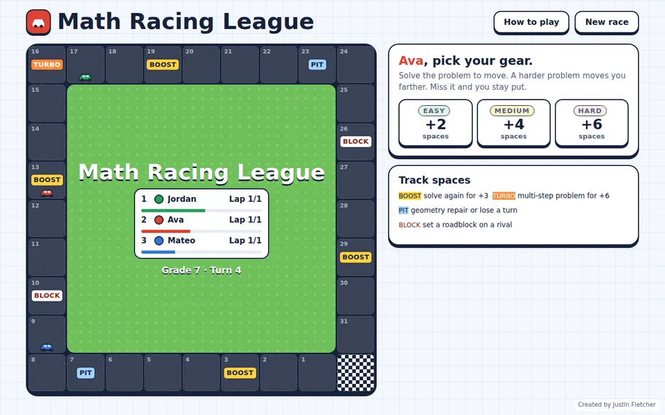 Screenshot of Math Racing League in the middle of a game